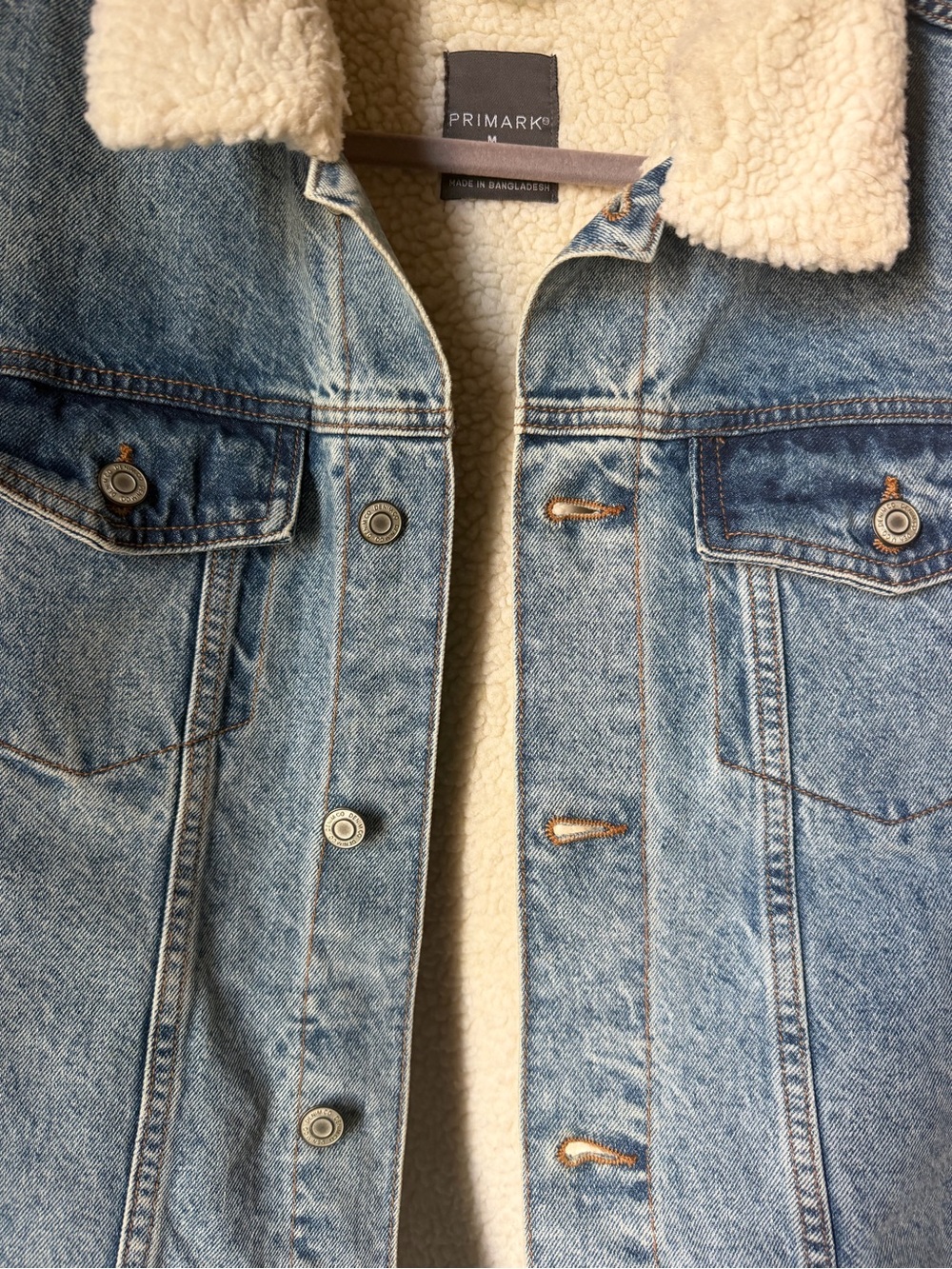 Primark Light Blue Denim Jacket Cream Sherpa Collar Lightweight Fall Autumn Jean - Picture 3 of 5